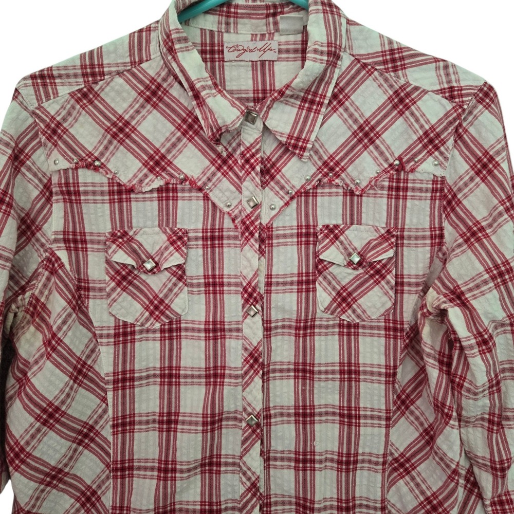 Cowgirl‎ Up Womens XL Red White Plaid Western Snap Shirt Rodeo Frayed Hem Farm
